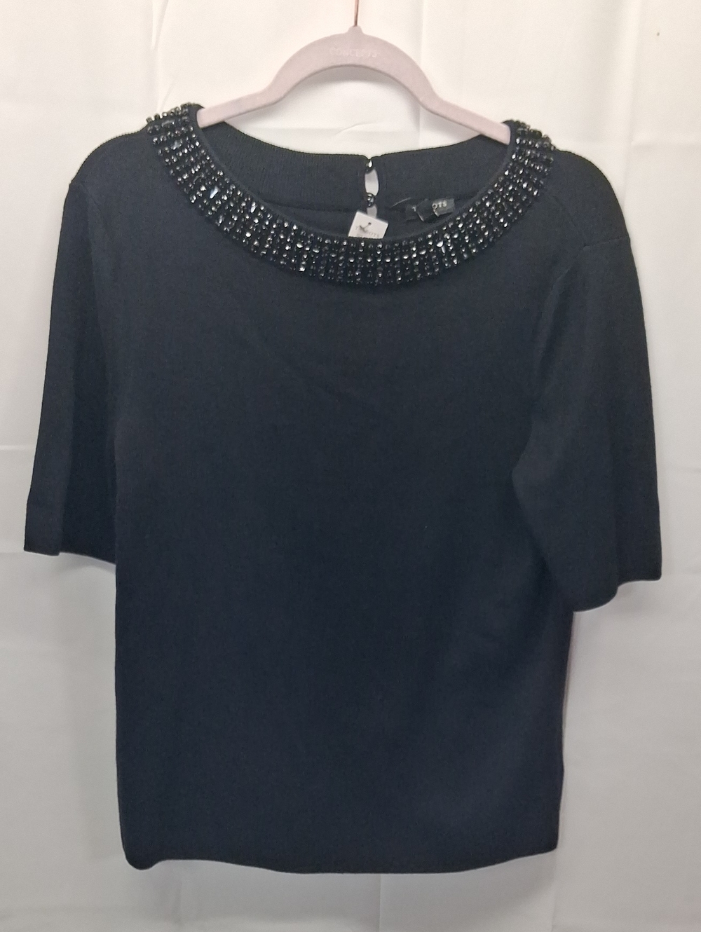 Talbots Black Jeweled-Neck Short Sleeve Sweater